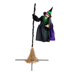 Haunted Hill Farm 6-Ft Flying Witch Animatronic front view with glowing lights