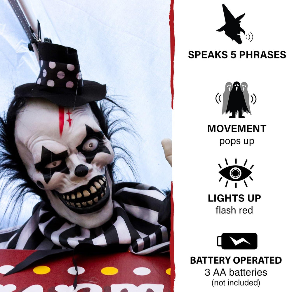 Haunted Hill Farm Clown animated in black and white costume