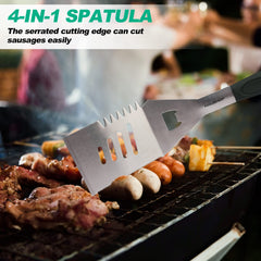 HAUSHOF BBQ tool set including spatula, tongs, and fork on a grill