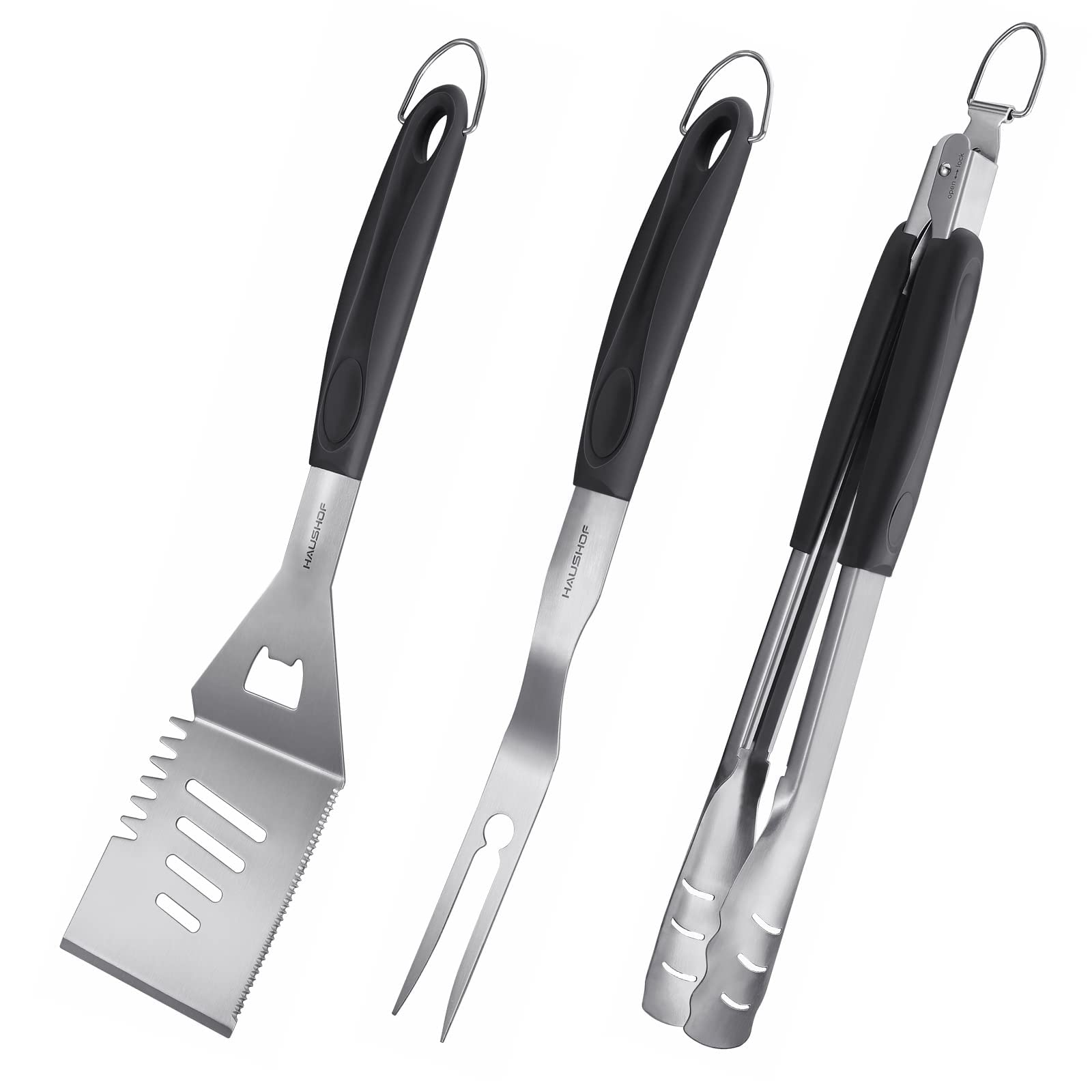 HAUSHOF BBQ tool set stainless steel spatula, tongs, and fork