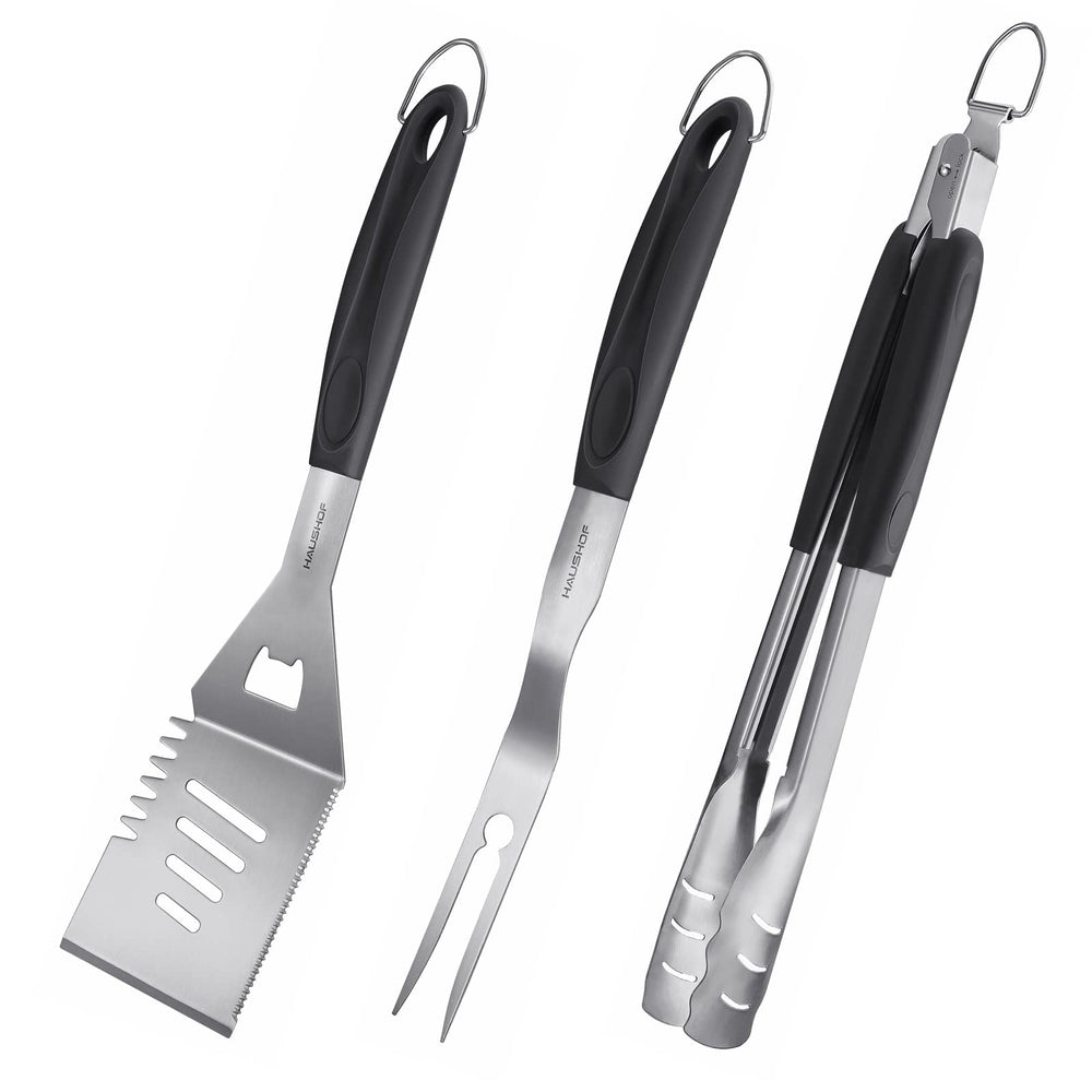 HAUSHOF BBQ tool set stainless steel spatula, tongs, and fork
