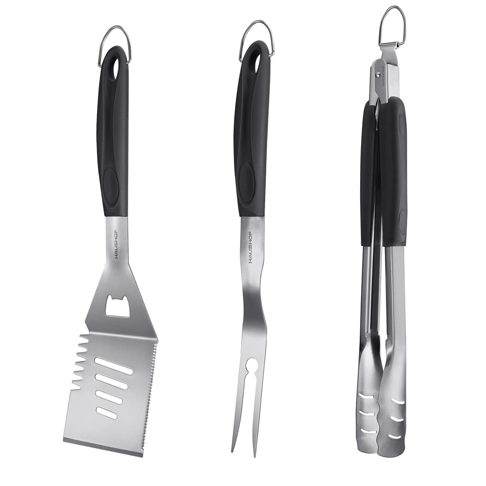 HAUSHOF BBQ tools hanging on grill hooks for storage
