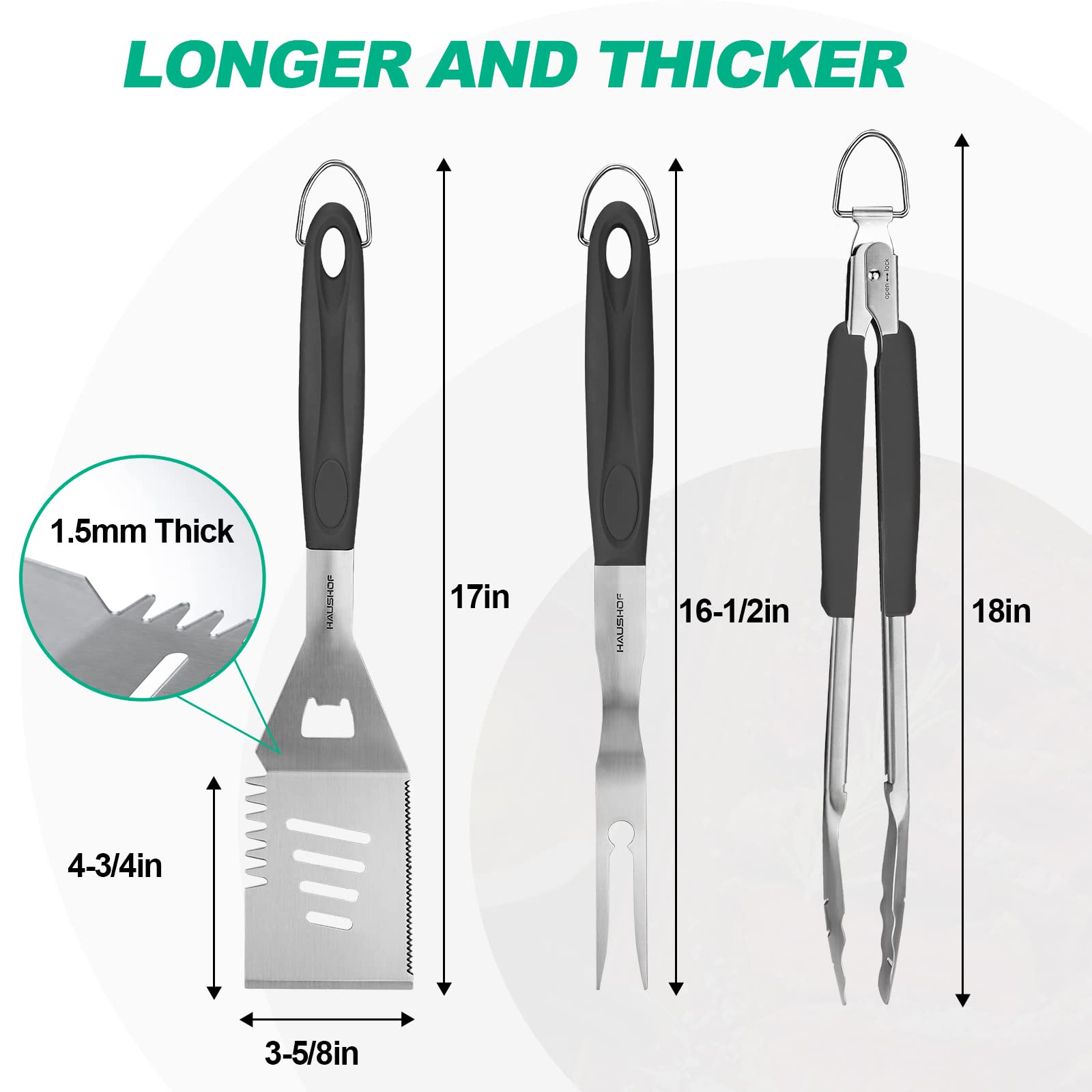 HAUSHOF stainless steel spatula close-up showing 4-in-1 features