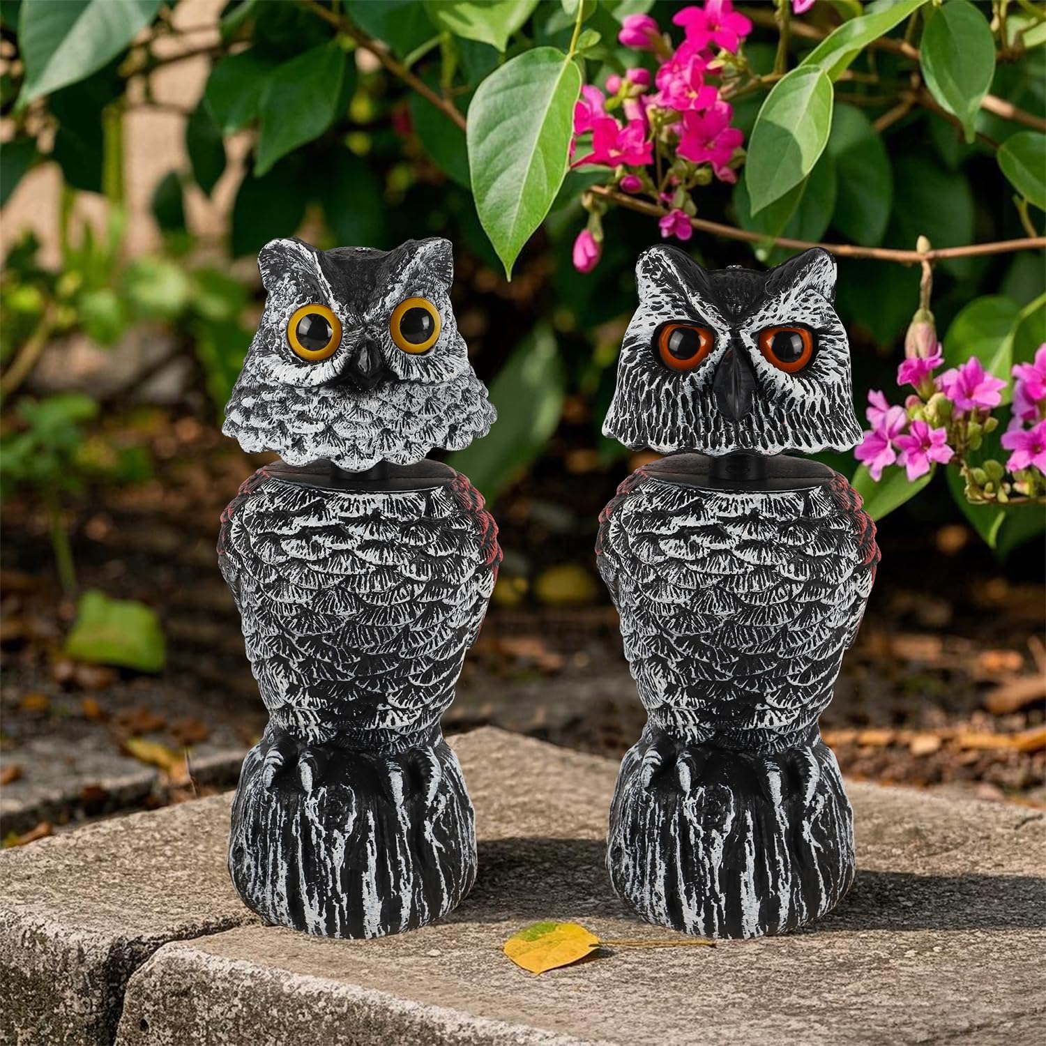 Hausse owl decoys in a decorative outdoor arrangement