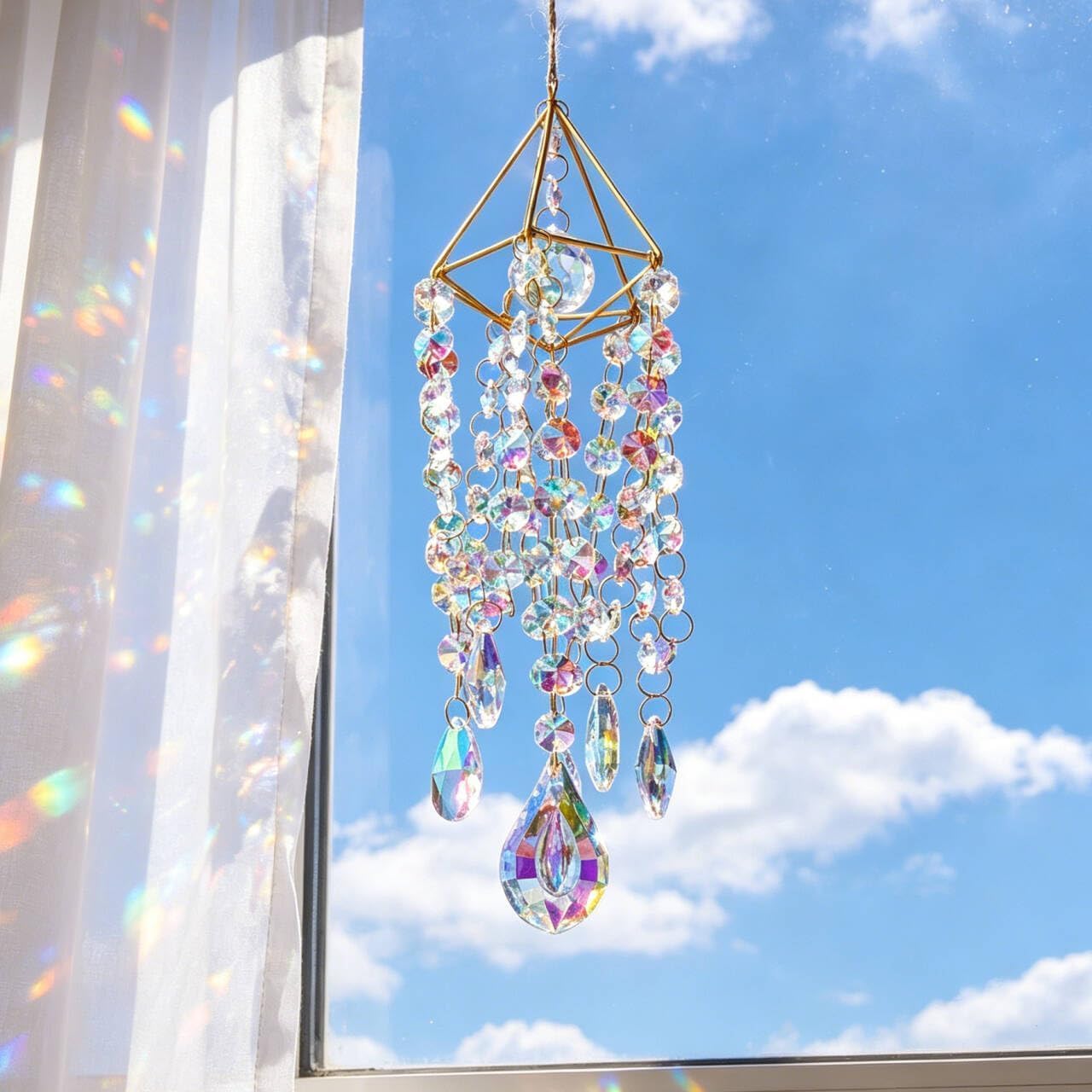 HDCRYSTALGIFTS Crystal Suncatcher hanging outdoors with sunlight