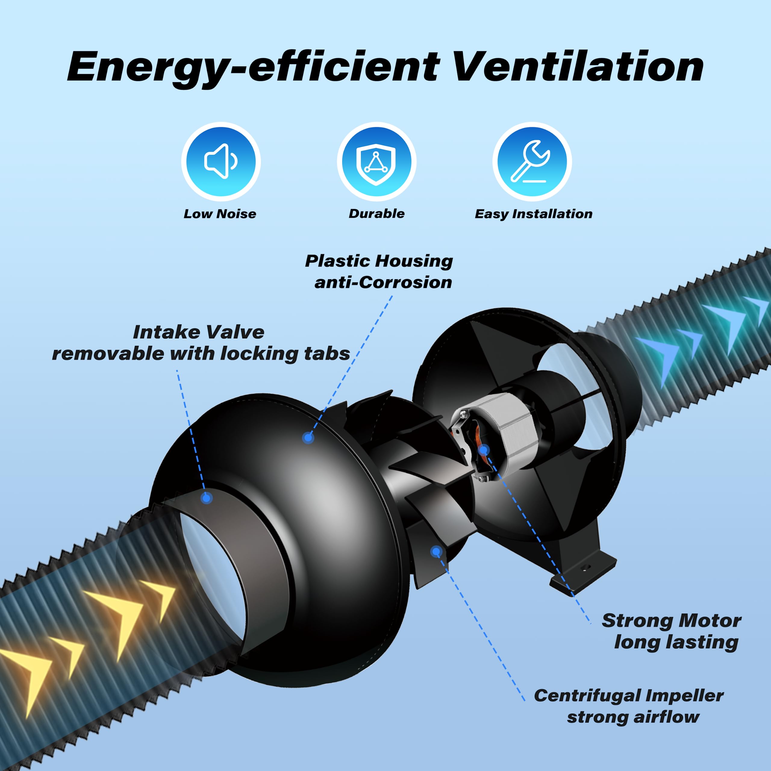 HealSmart 4 Inch Exhaust Inline Duct Fan side view showing fan blades