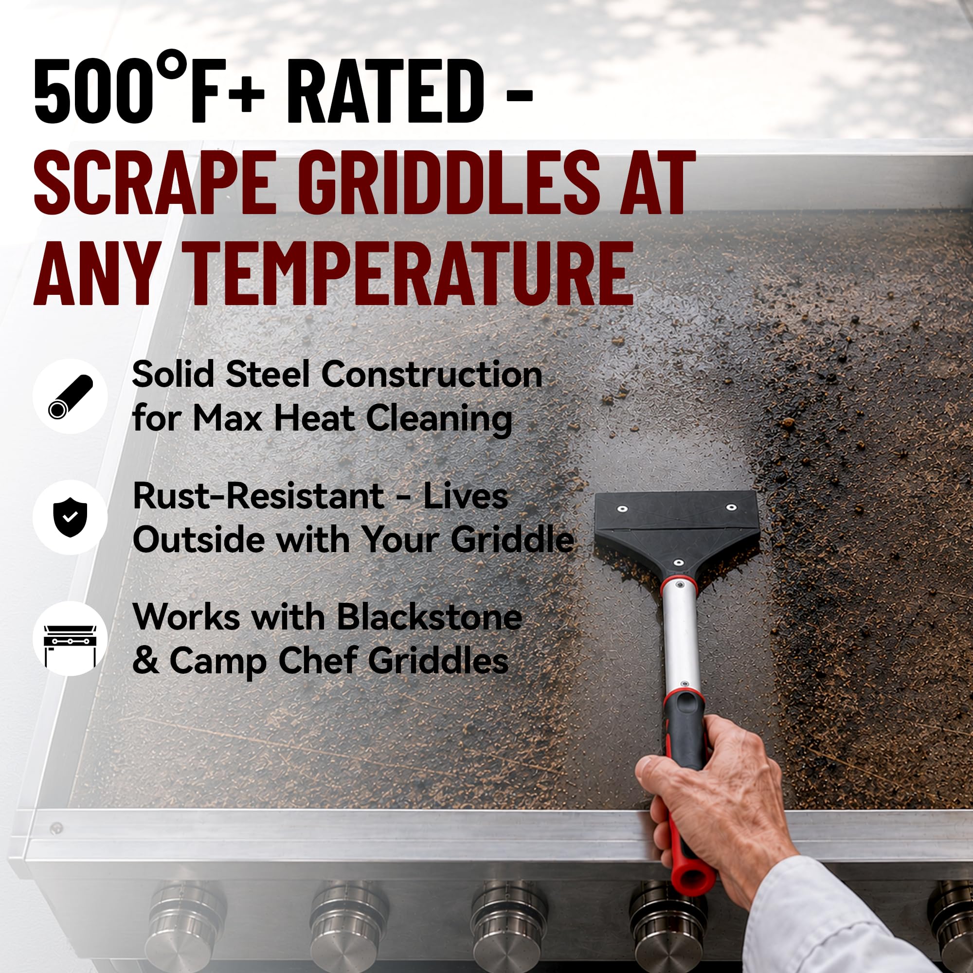 Heavy Duty Griddle Scraper back view showing solid aluminum body