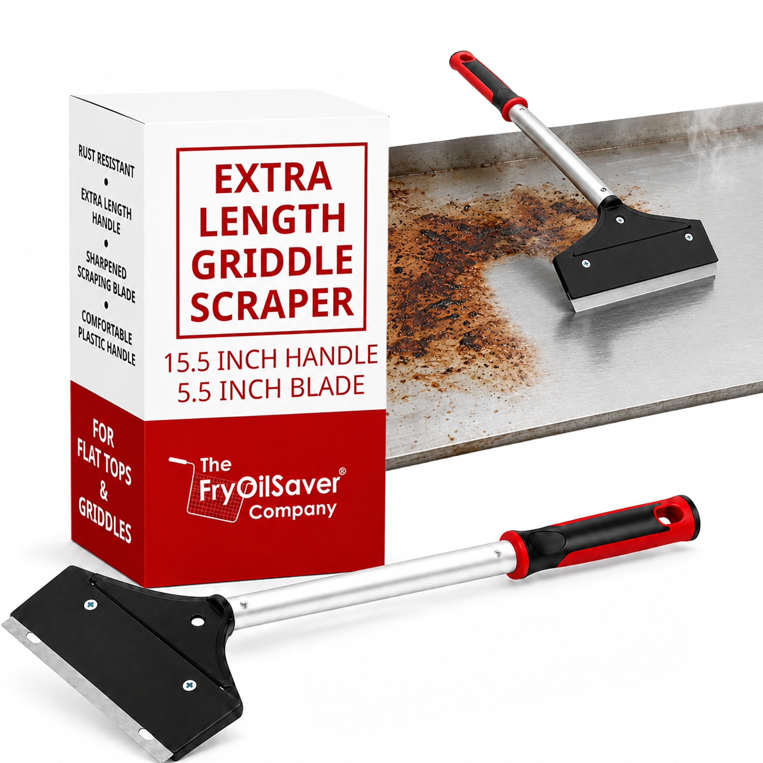 Heavy Duty Griddle Scraper front view with long handle