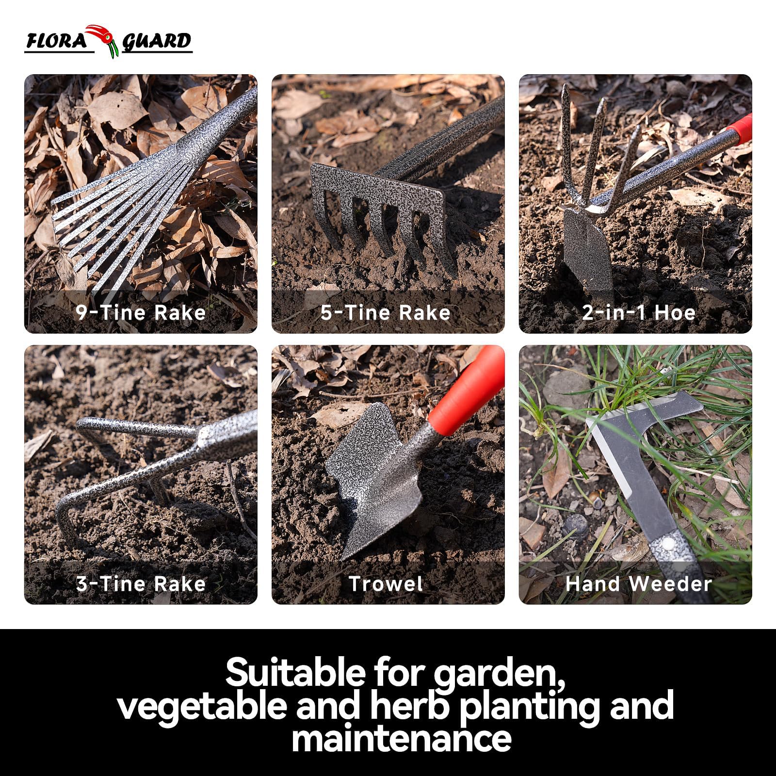 Heavy-duty high carbon steel garden tools laid out on a table
