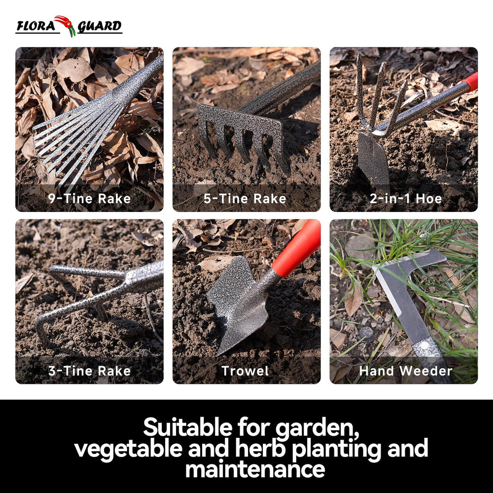 Heavy-duty high carbon steel garden tools laid out on a table
