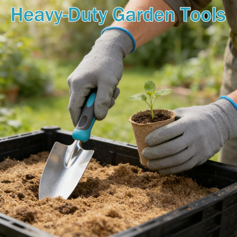 Heavy-duty stainless steel gardening tools in blue
