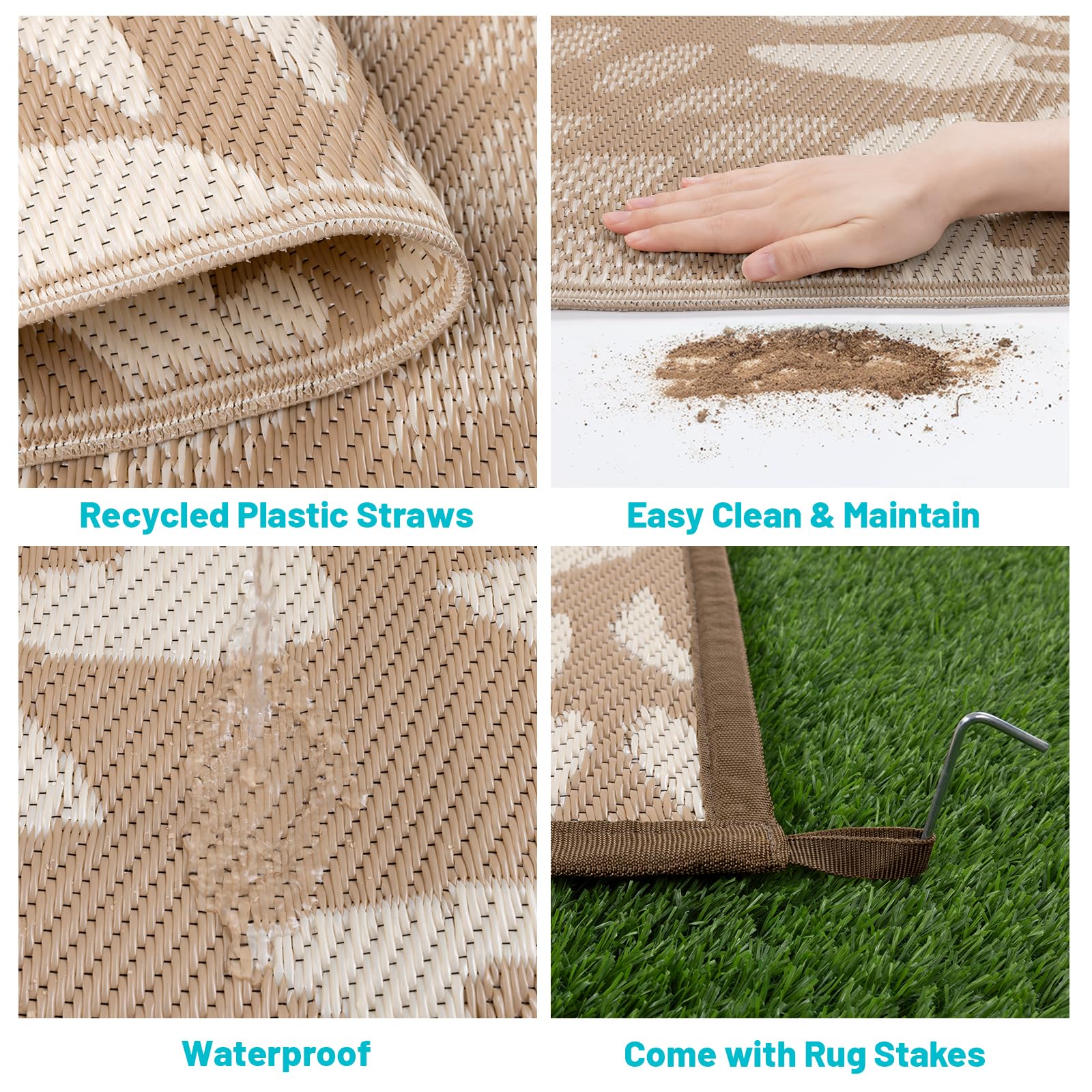 HEBE 6'x9' outdoor rug with corner loops and stakes