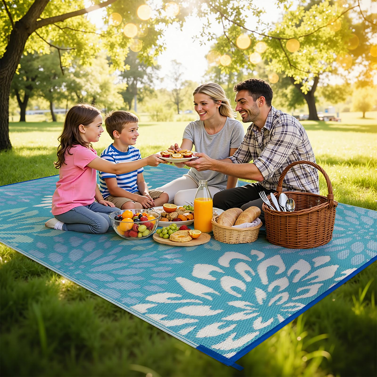 HEBE 6'x9' reversible outdoor rug side view showcasing both patterns