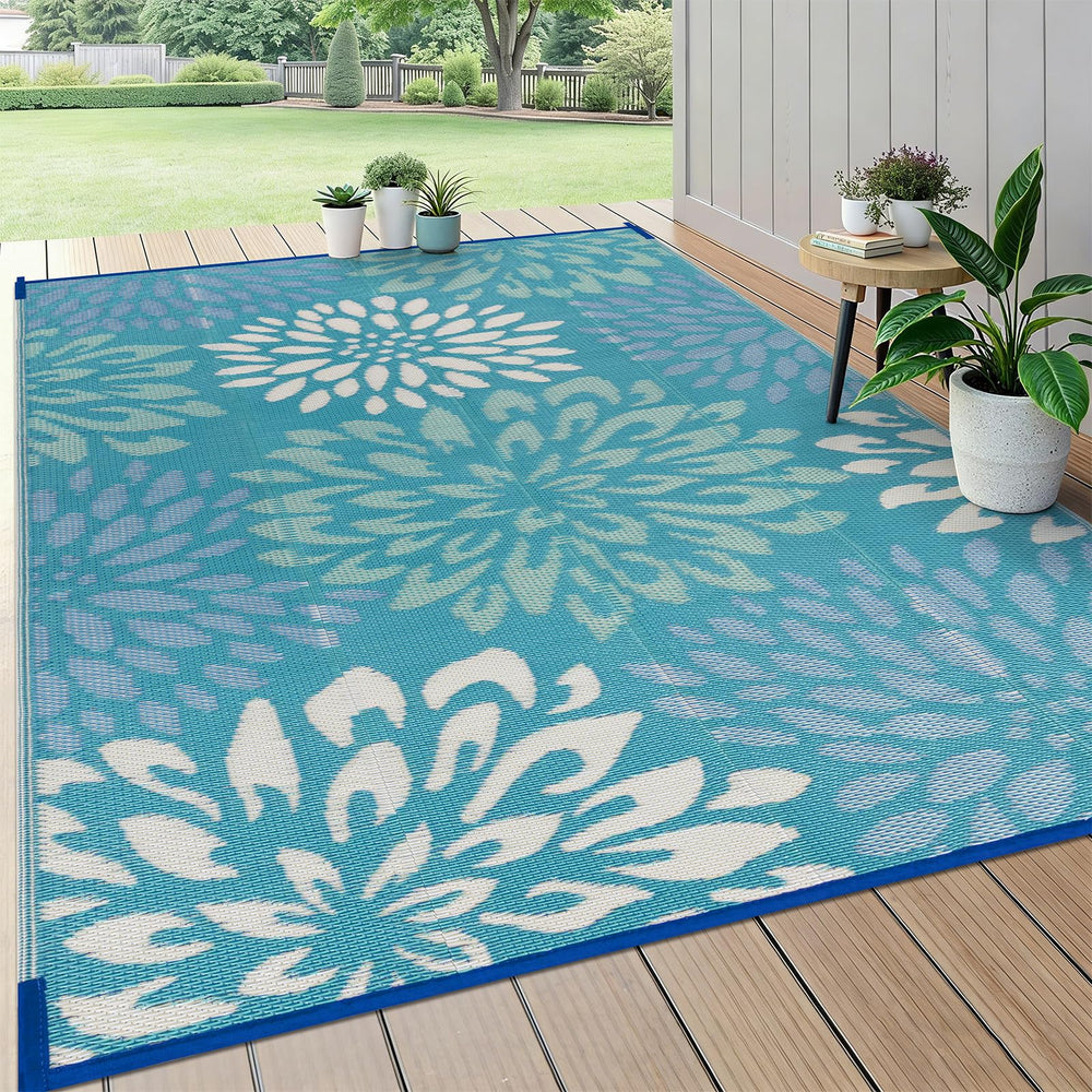 HEBE 6'x9' waterproof outdoor rug front view with floral design