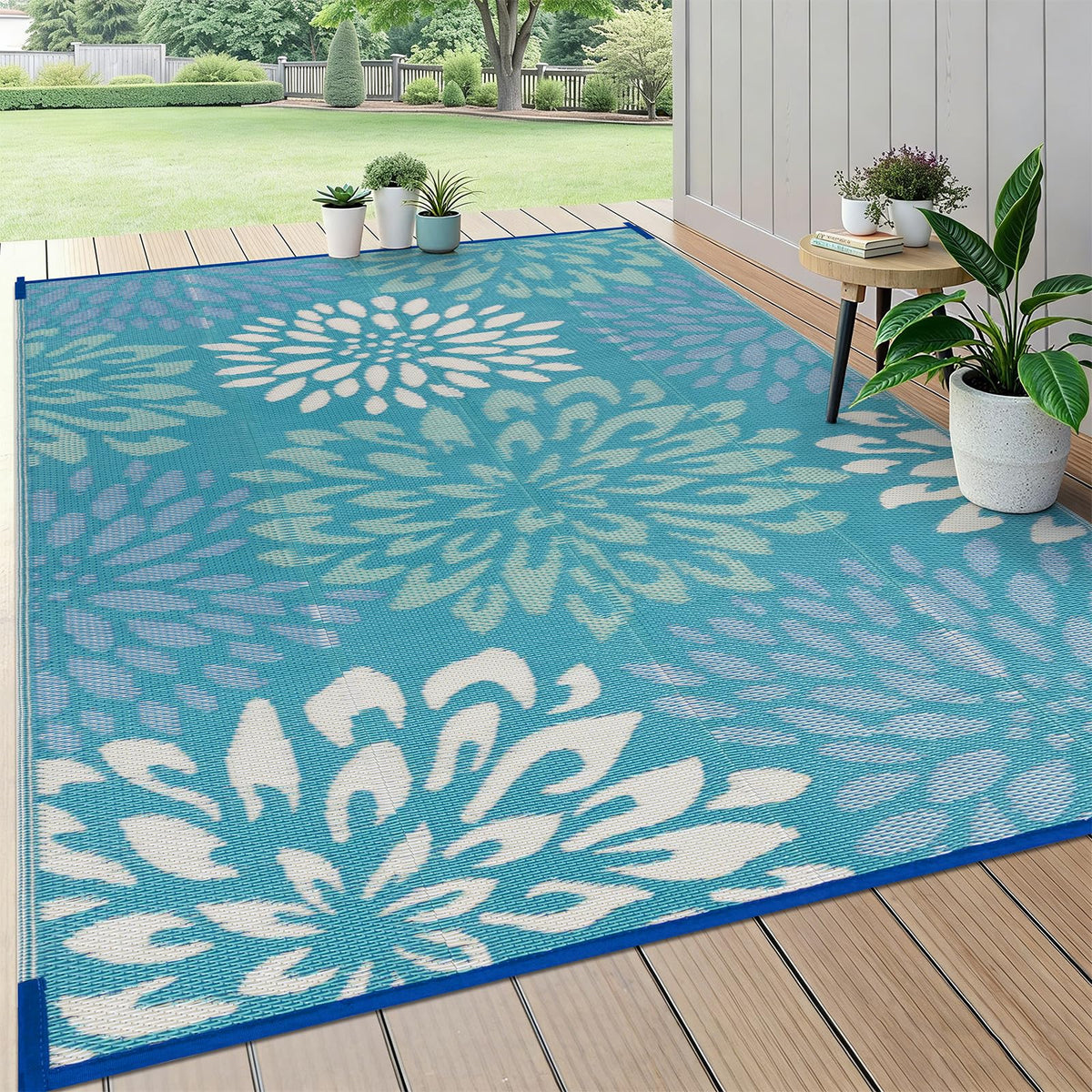 HEBE 6'x9' waterproof outdoor rug front view with floral design