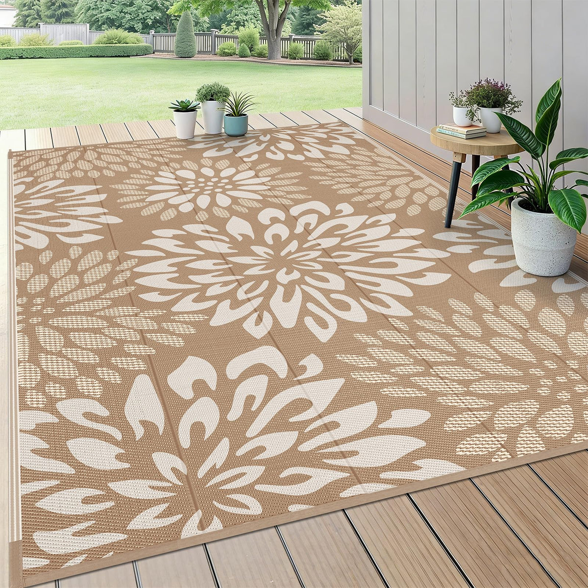 HEBE 6'x9' waterproof outdoor rug front view with floral pattern