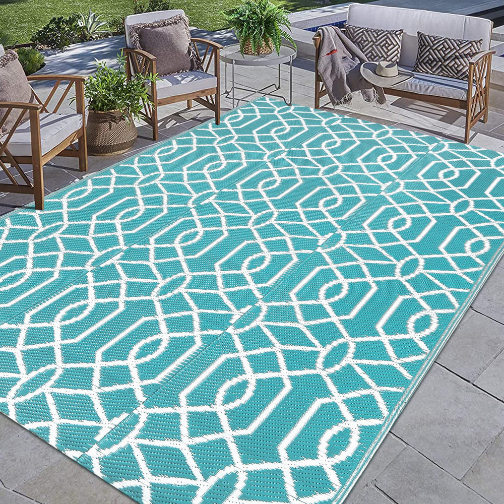 HEBE 8'x10' outdoor rug in a camping setup