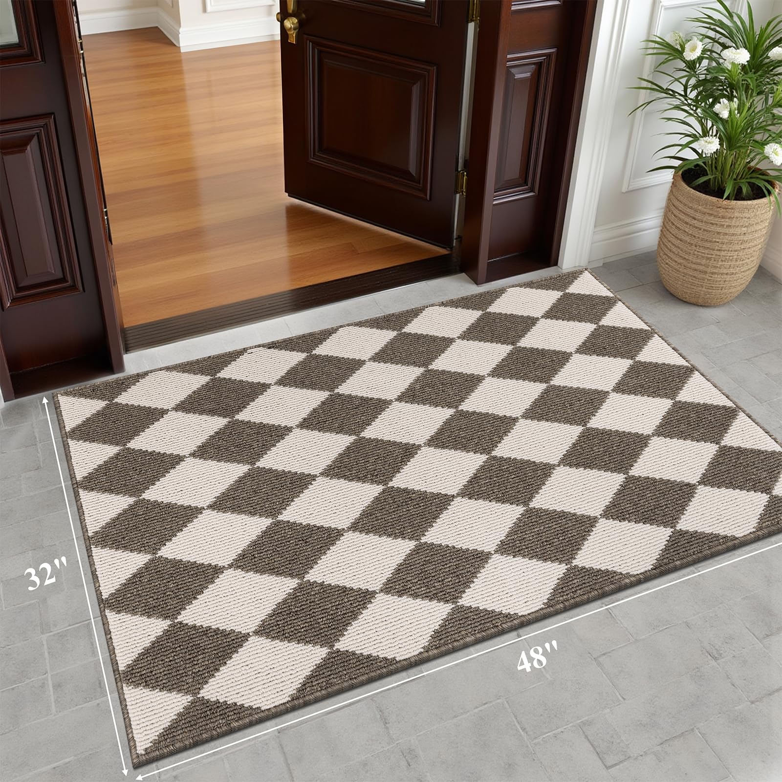 HEBE Indoor Door Mat 32x48 brown checkered side view