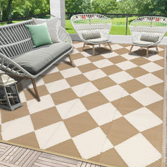 HEBE Outdoor Rug 5'x8' beige and brown checkered design front view
