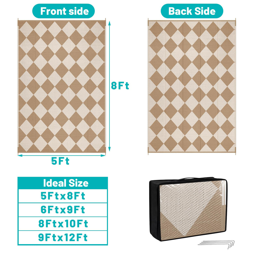 HEBE Outdoor Rug 5'x8' beige and brown checkered design side view