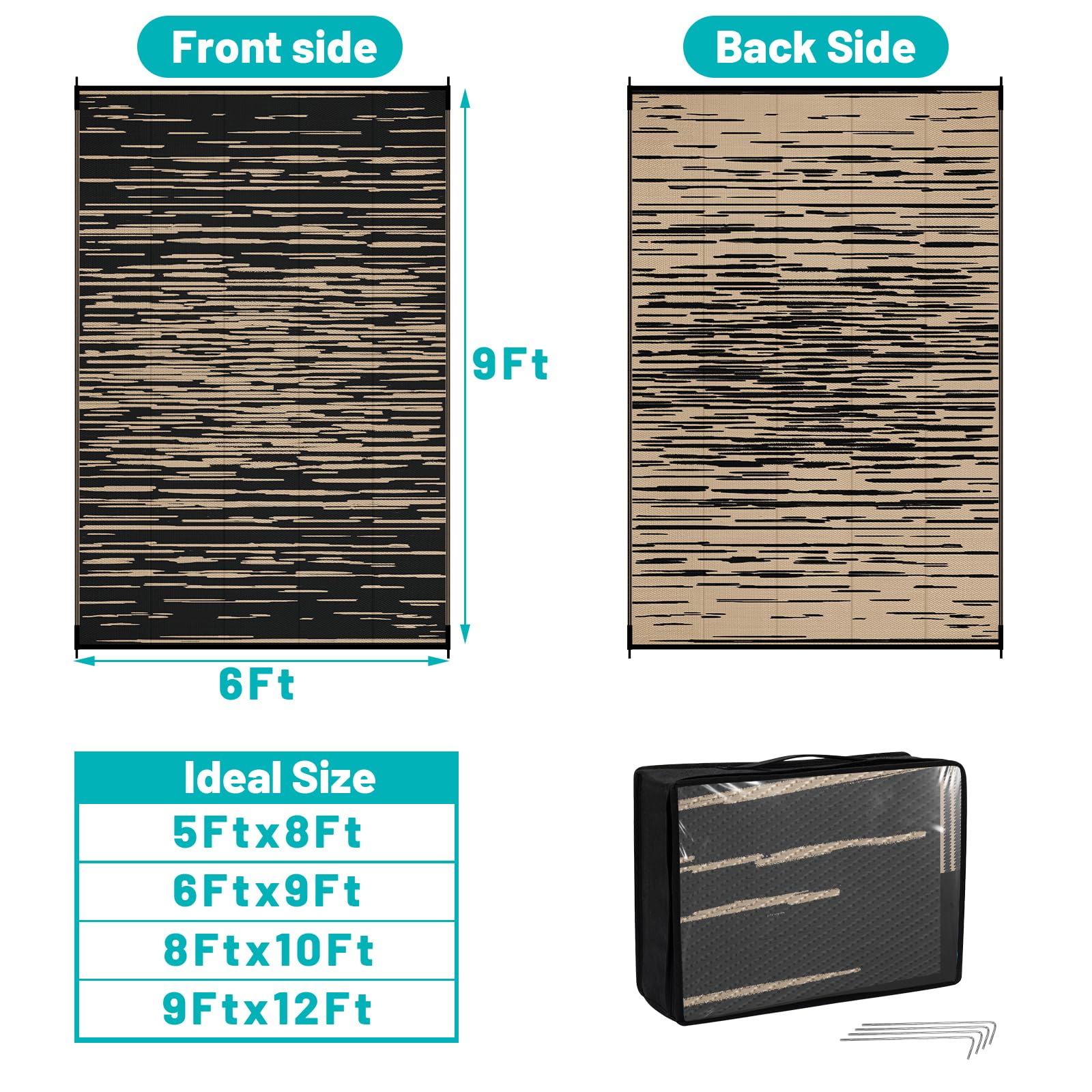 HEBE Outdoor Rug 6'x9' black and white reversible design