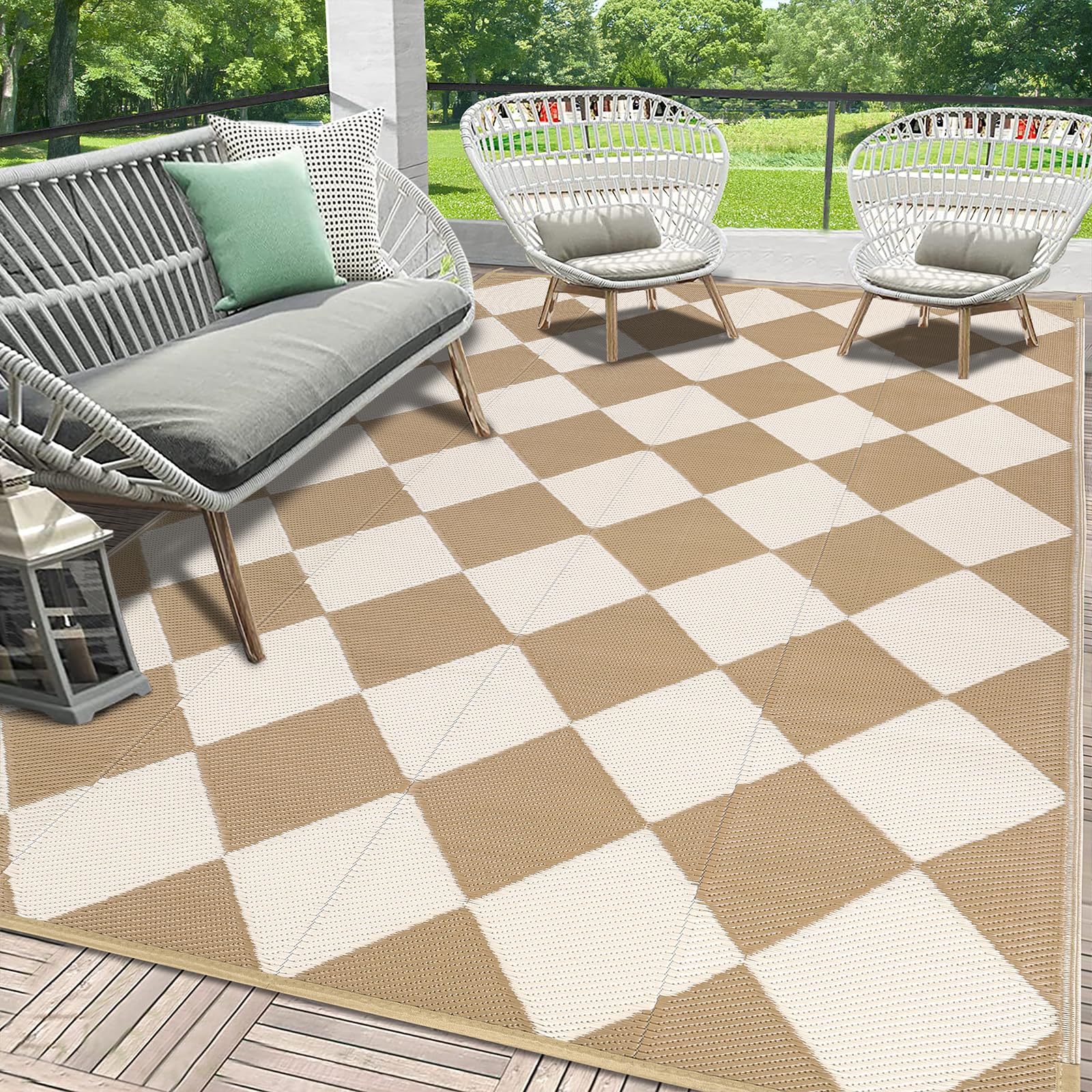 HEBE Outdoor Rug 6'x9' checkered pattern front view