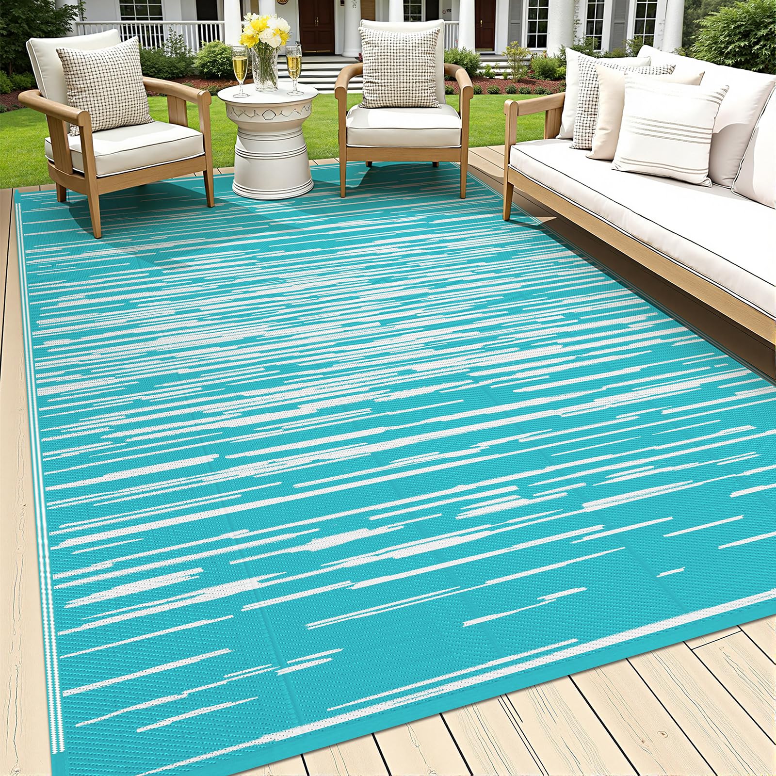 HEBE Outdoor Rug 6'x9' teal striped front view