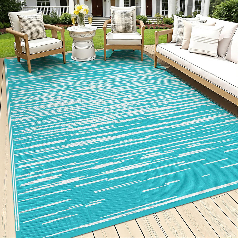 HEBE Outdoor Rug 6'x9' teal striped front view