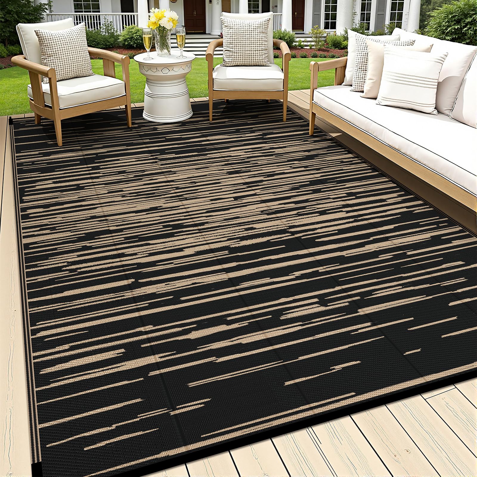 HEBE Outdoor Rug 6'x9' waterproof striped pattern front view
