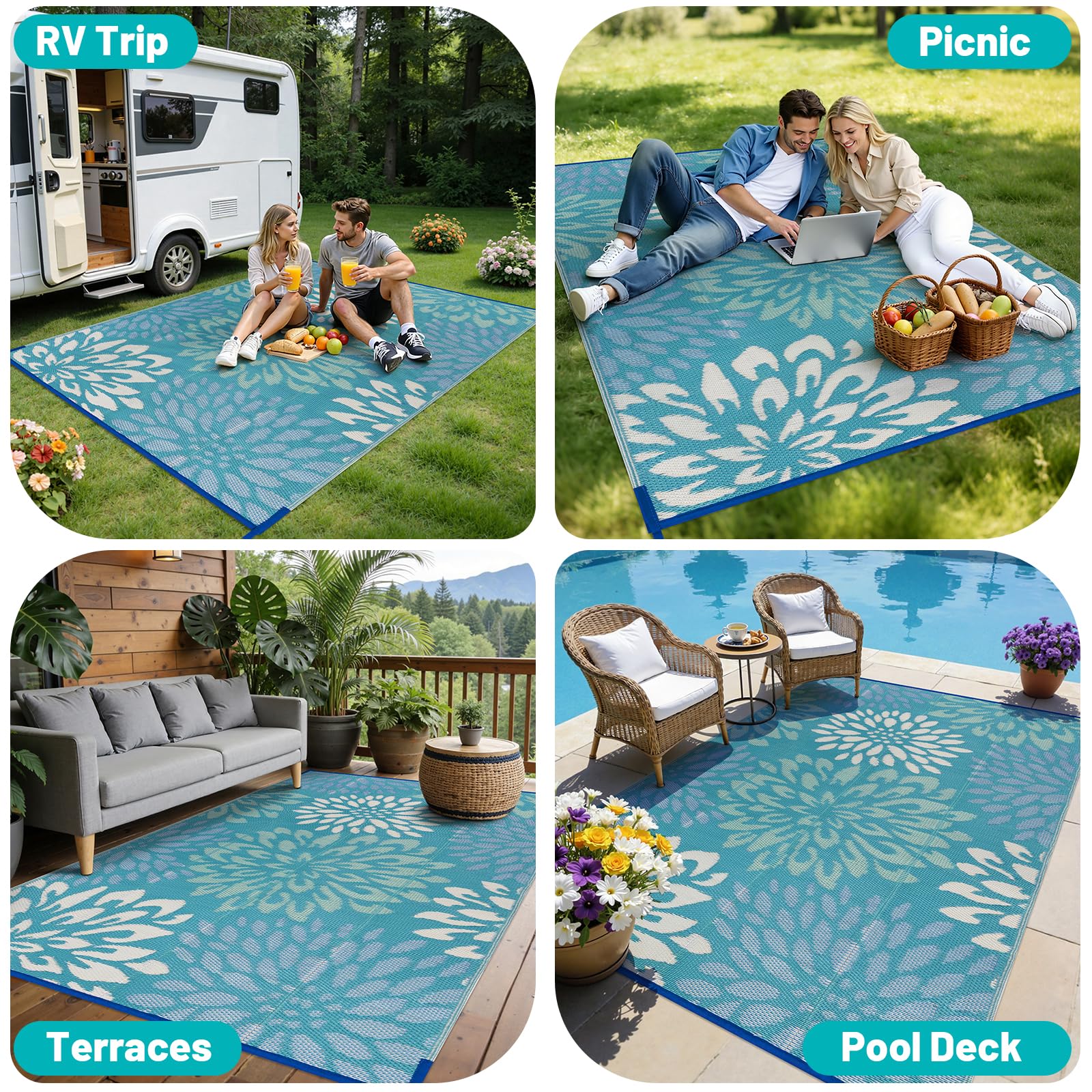 HEBE outdoor rug being hosed off for cleaning
