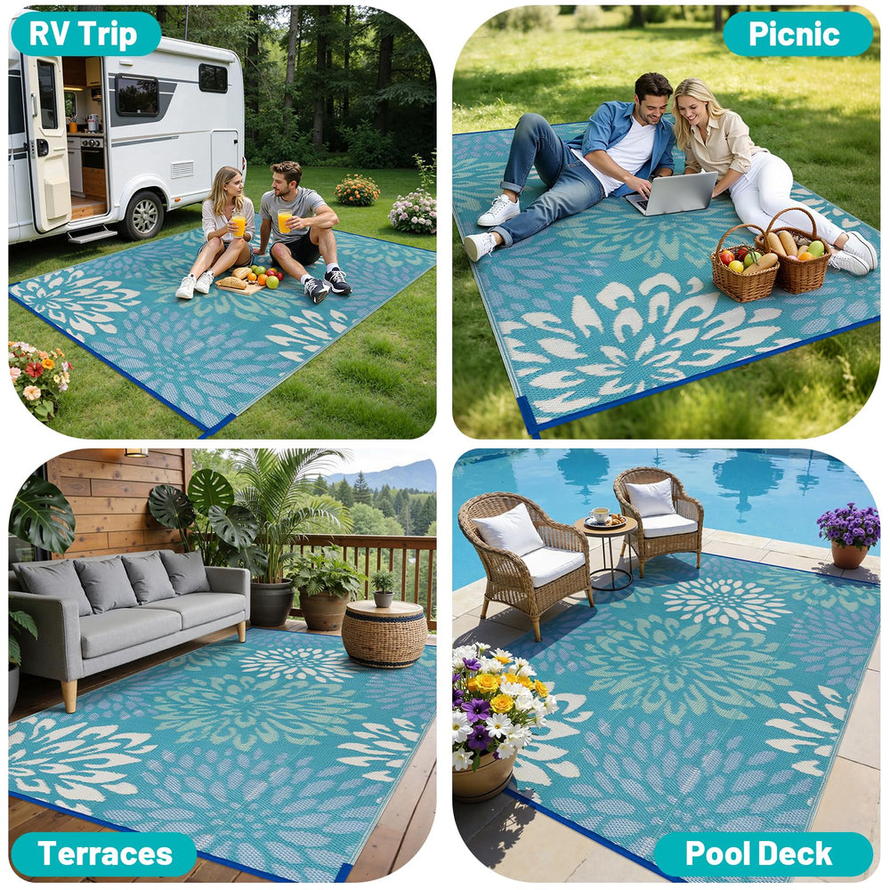 HEBE outdoor rug being hosed off for cleaning