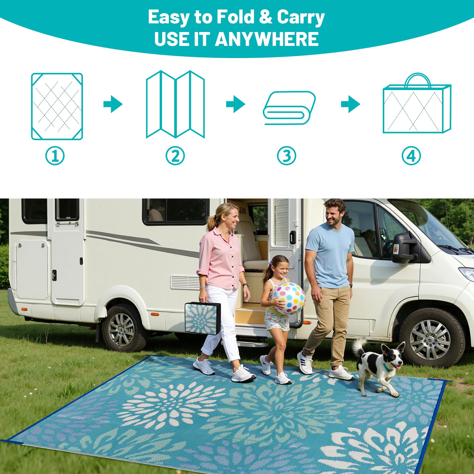 HEBE outdoor rug folded in a storage bag