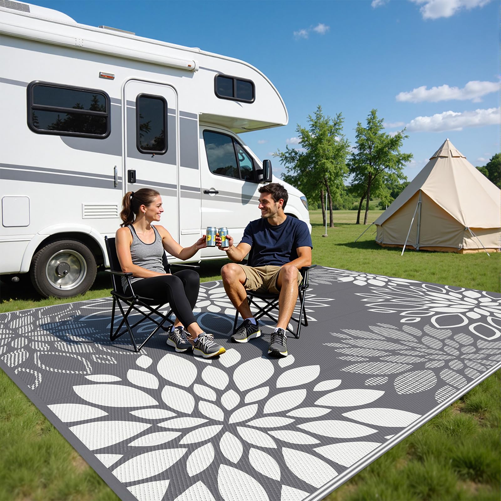 HEBE outdoor rug laid out in a garden setting