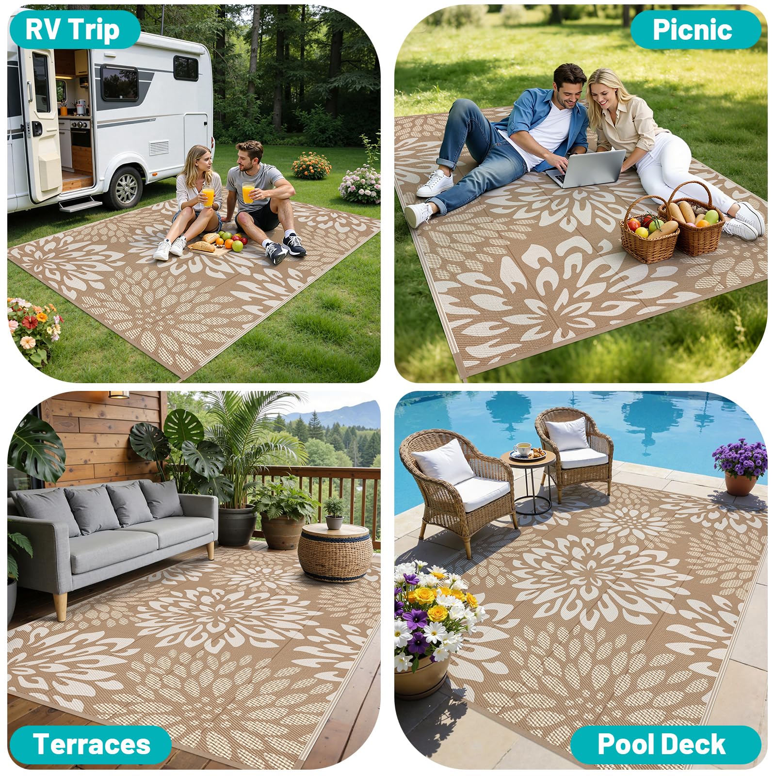 HEBE outdoor rug rolled up in storage bag