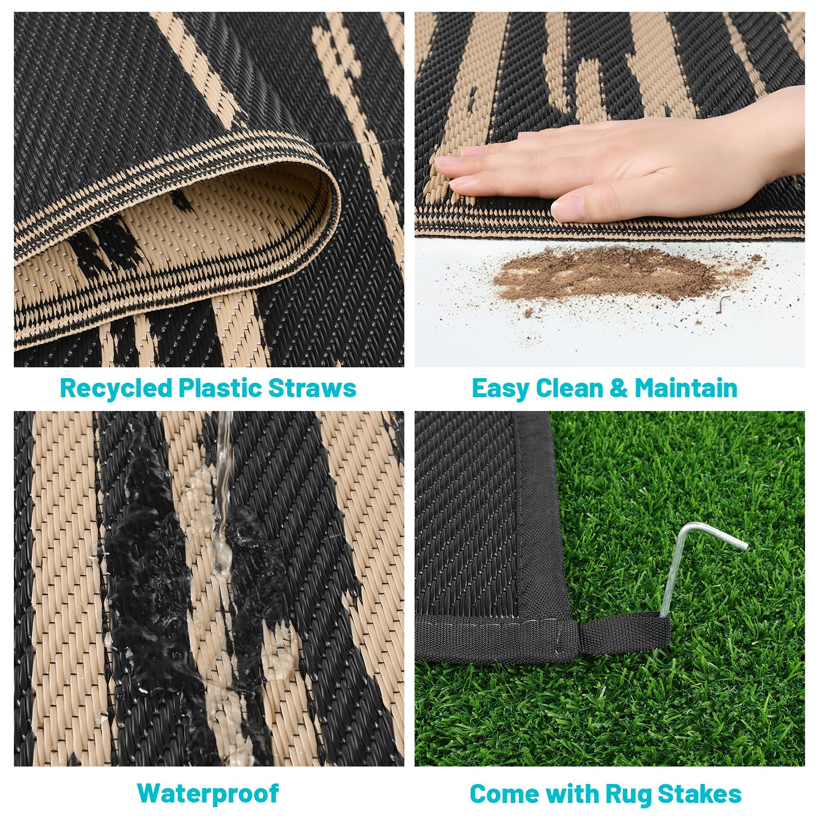 HEBE Outdoor Rug secured with metal stakes in grass