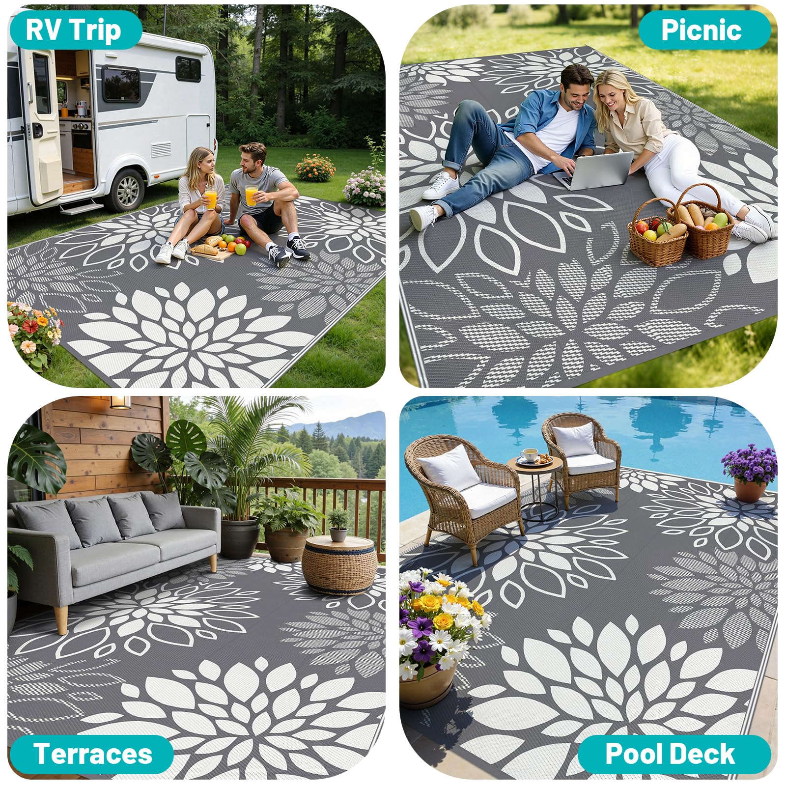 HEBE outdoor rug showcasing its two reversible sides