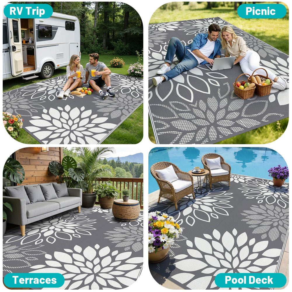 HEBE outdoor rug showcasing its two reversible sides