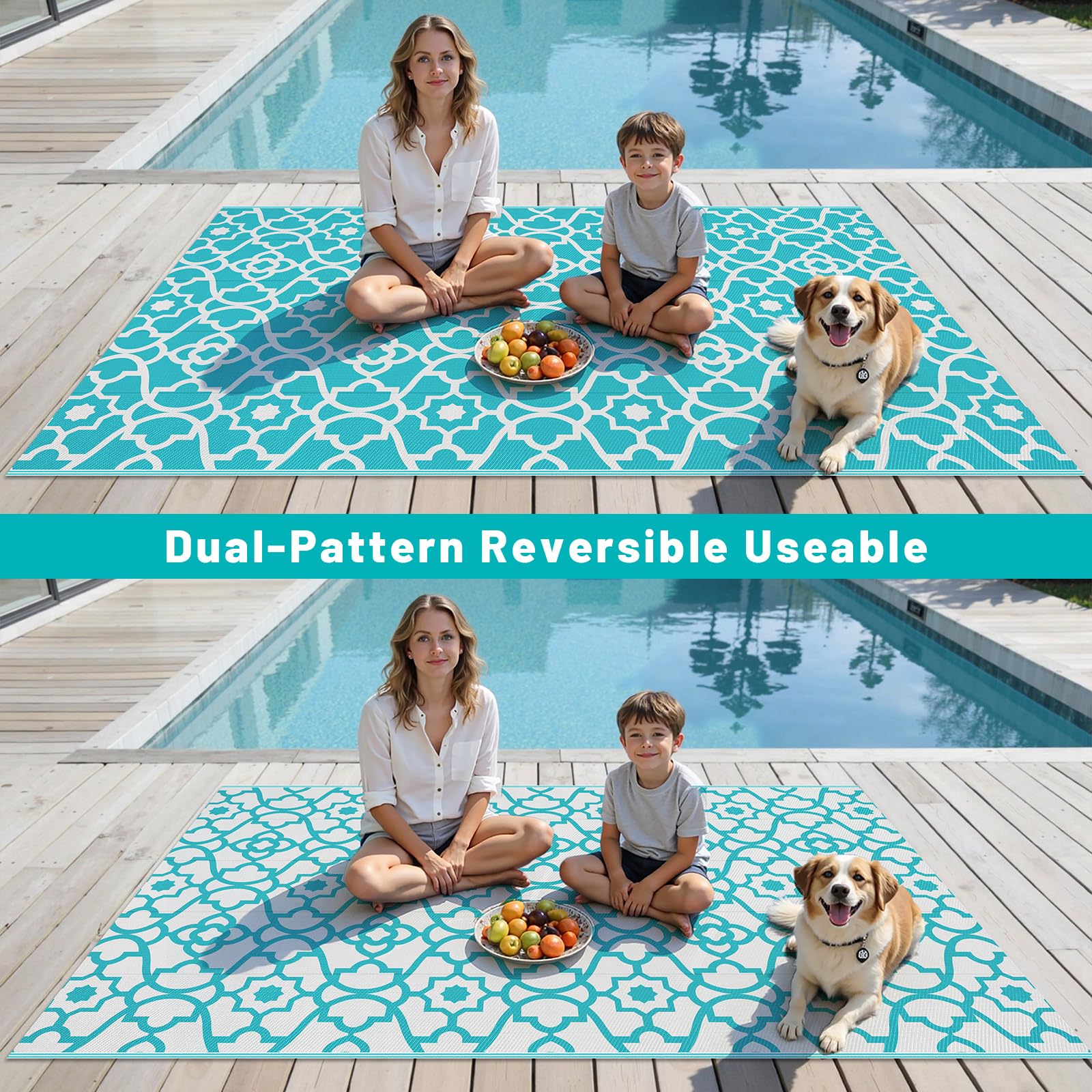 HEBE outdoor rug showing reversible side pattern