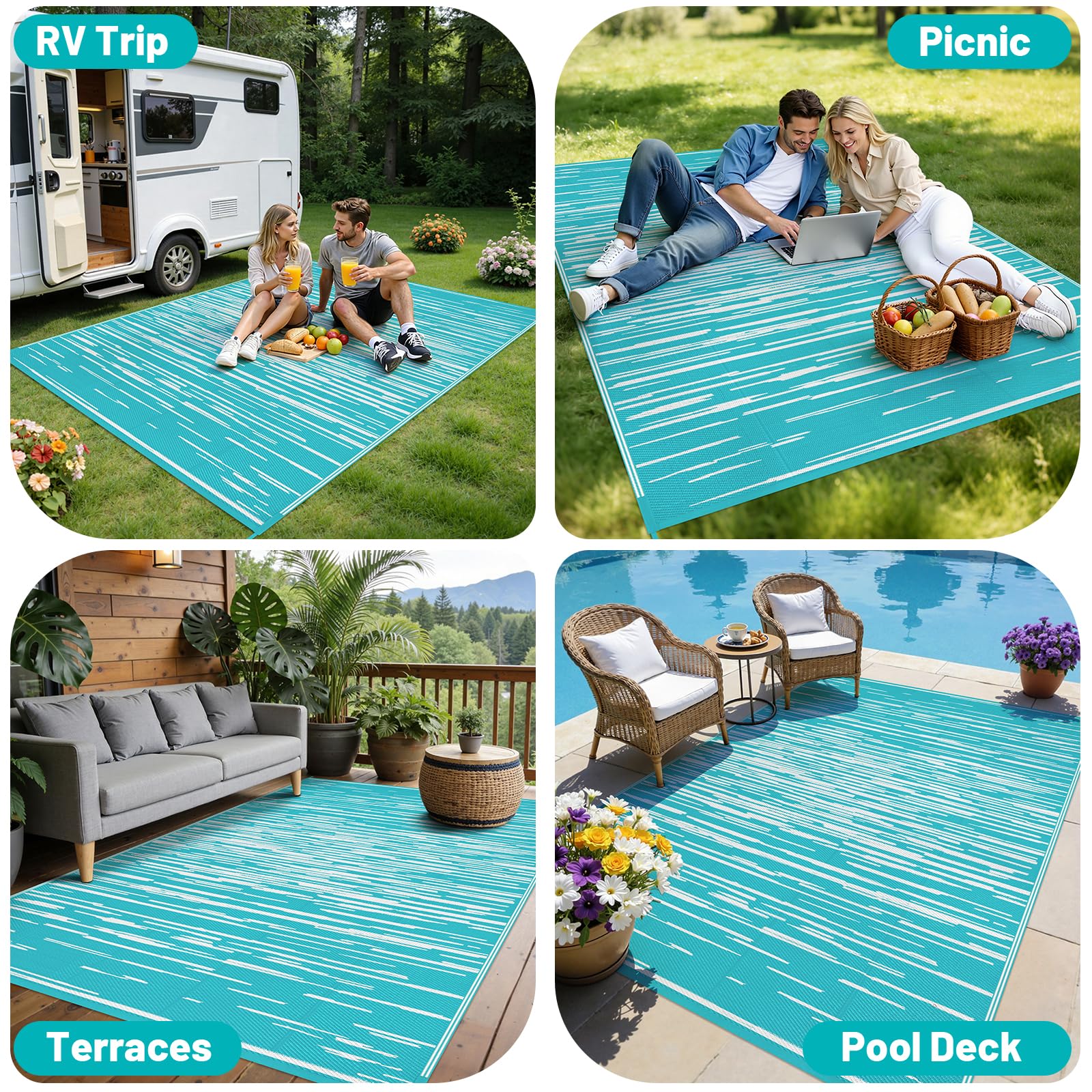 HEBE Outdoor Rug used on a patio
