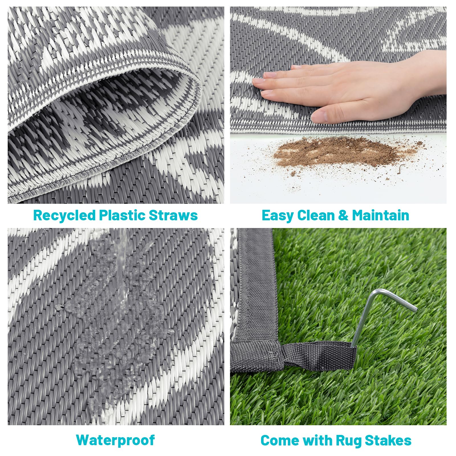 HEBE outdoor rug with corner loops and stakes for securing