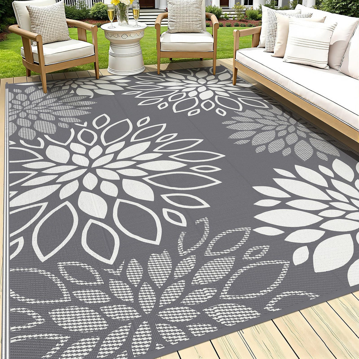 HEBE Waterproof Outdoor Rug 9'x12' grey floral reversible design