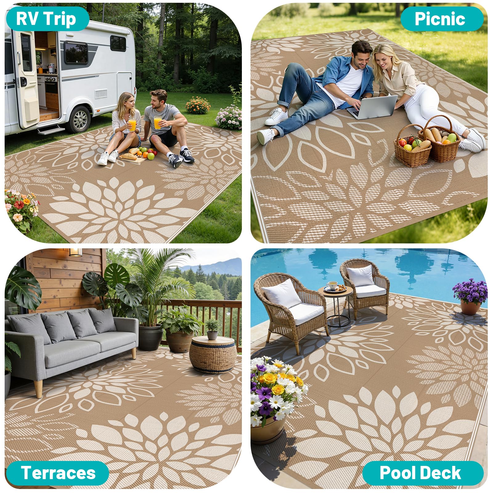 HEBE Waterproof Outdoor Rug 9'x12' rolled up for storage