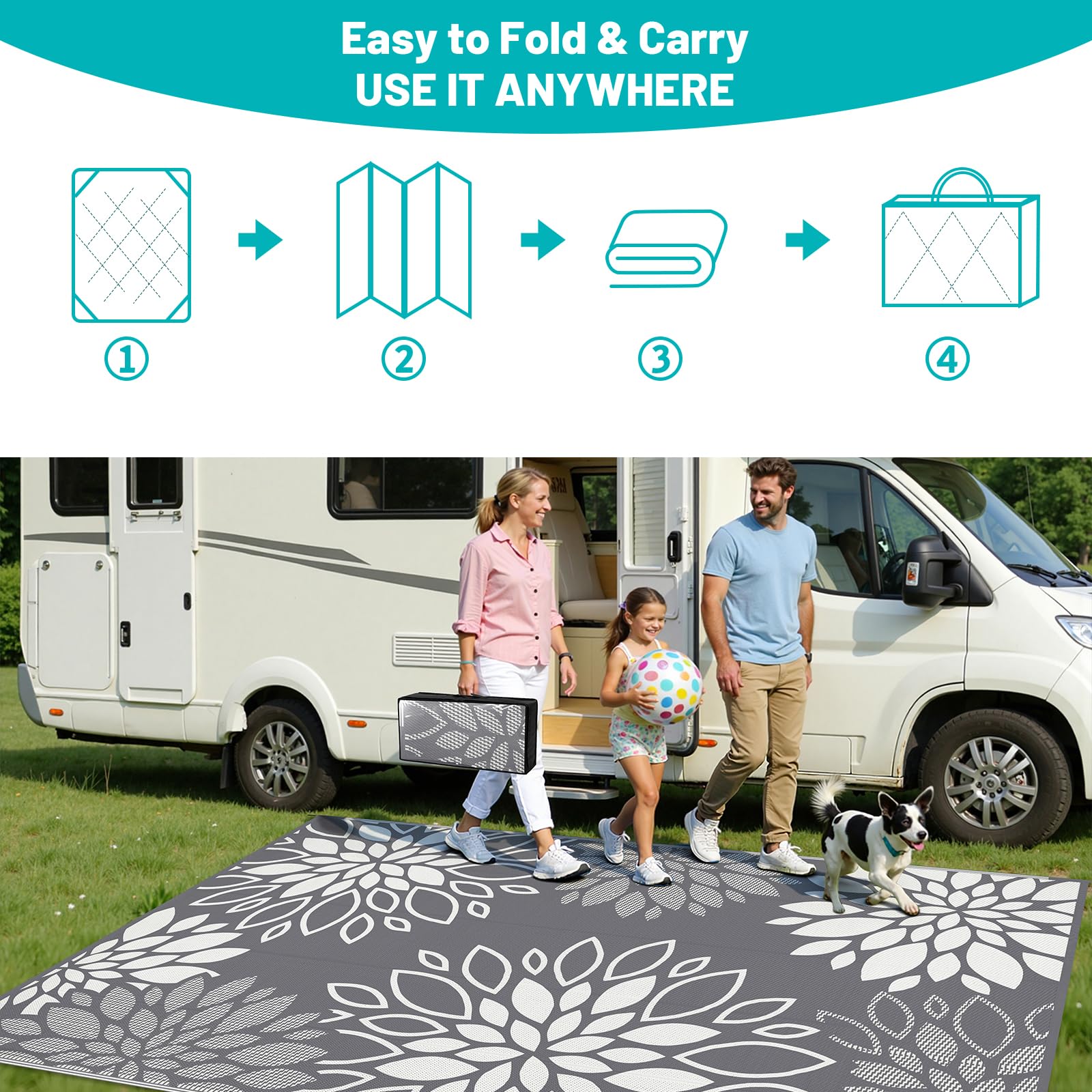 HEBE waterproof outdoor rug rolled up for easy storage