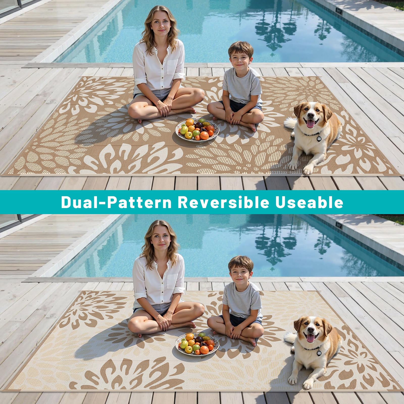 HEBE waterproof rug displayed on a beach