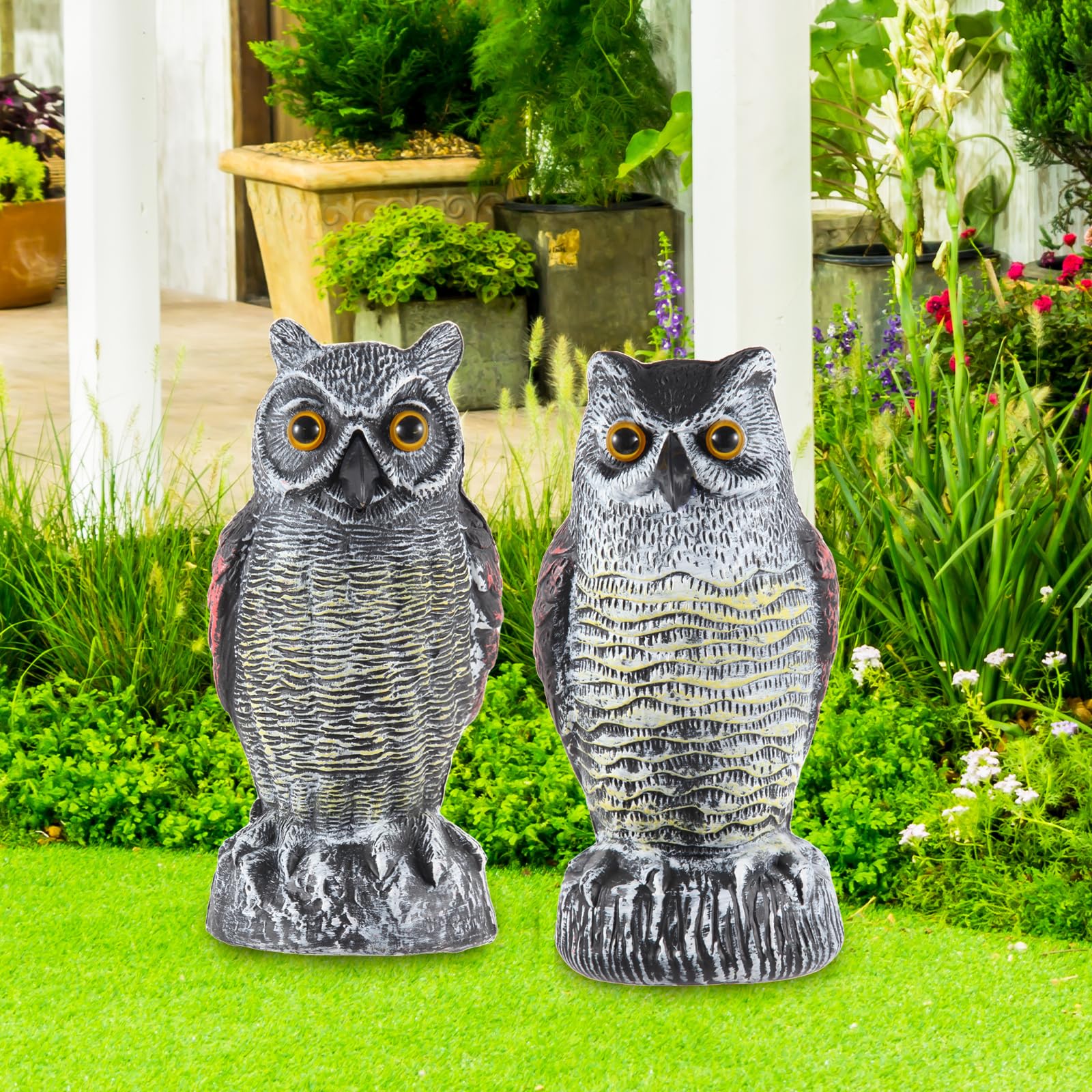 Hedoc Owl Decoy in a patio setting as a decorative piece
