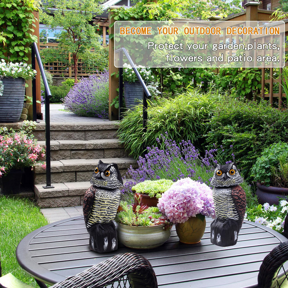Hedoc owl decoys used as garden decor