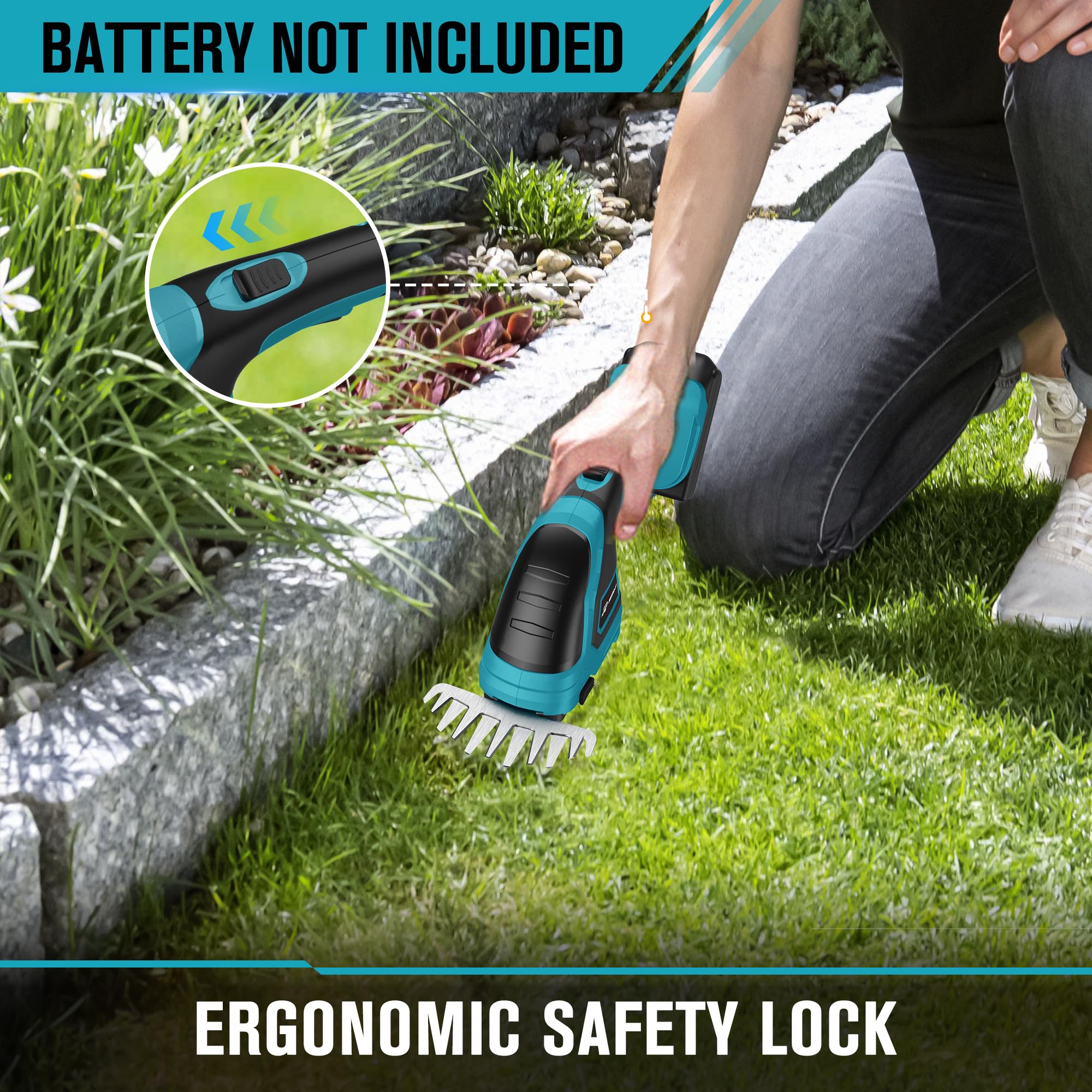 HEINPRO Cordless Hedge Trimmer blue model with tools in garden