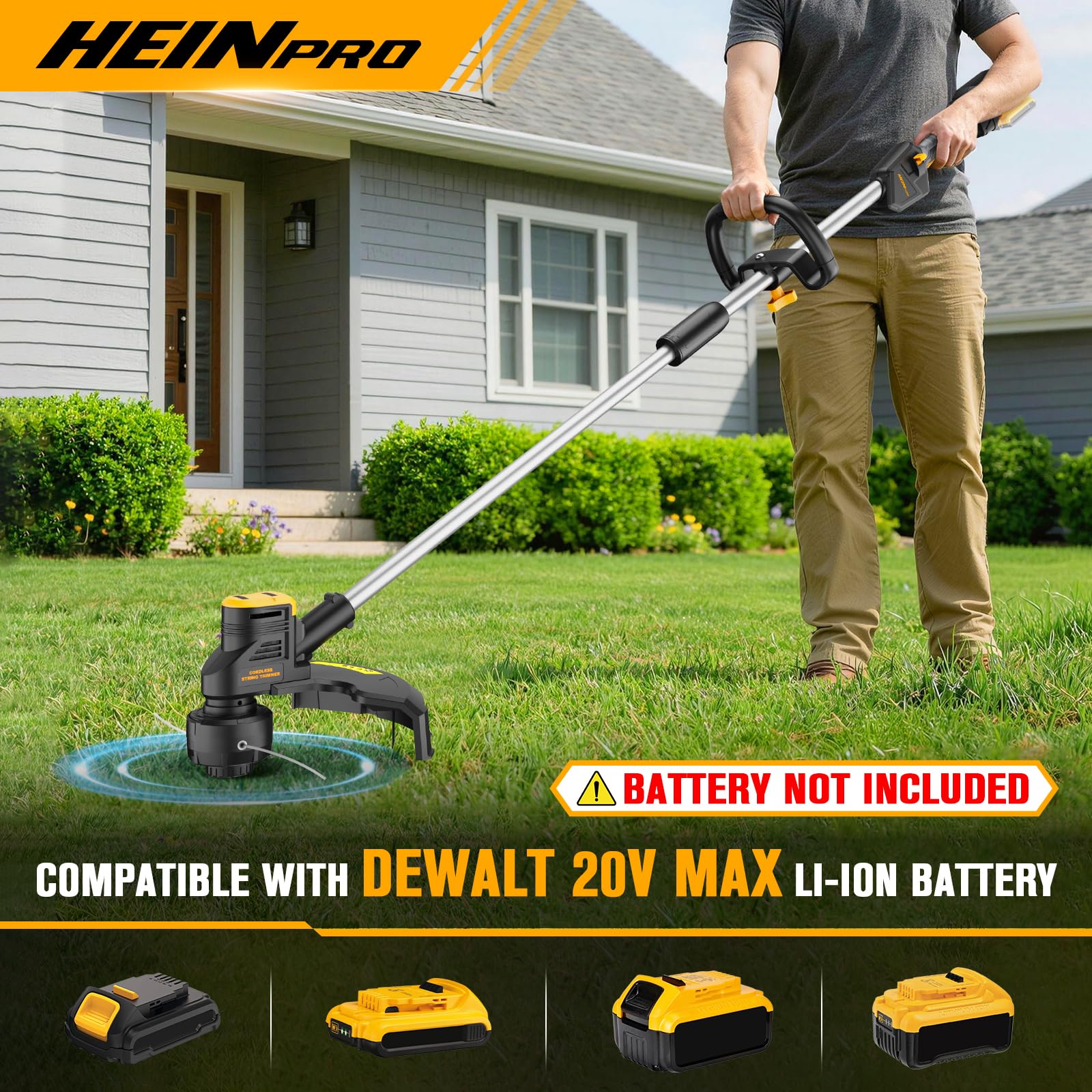 HEINPRO Cordless Weed Wacker showing adjustable handle
