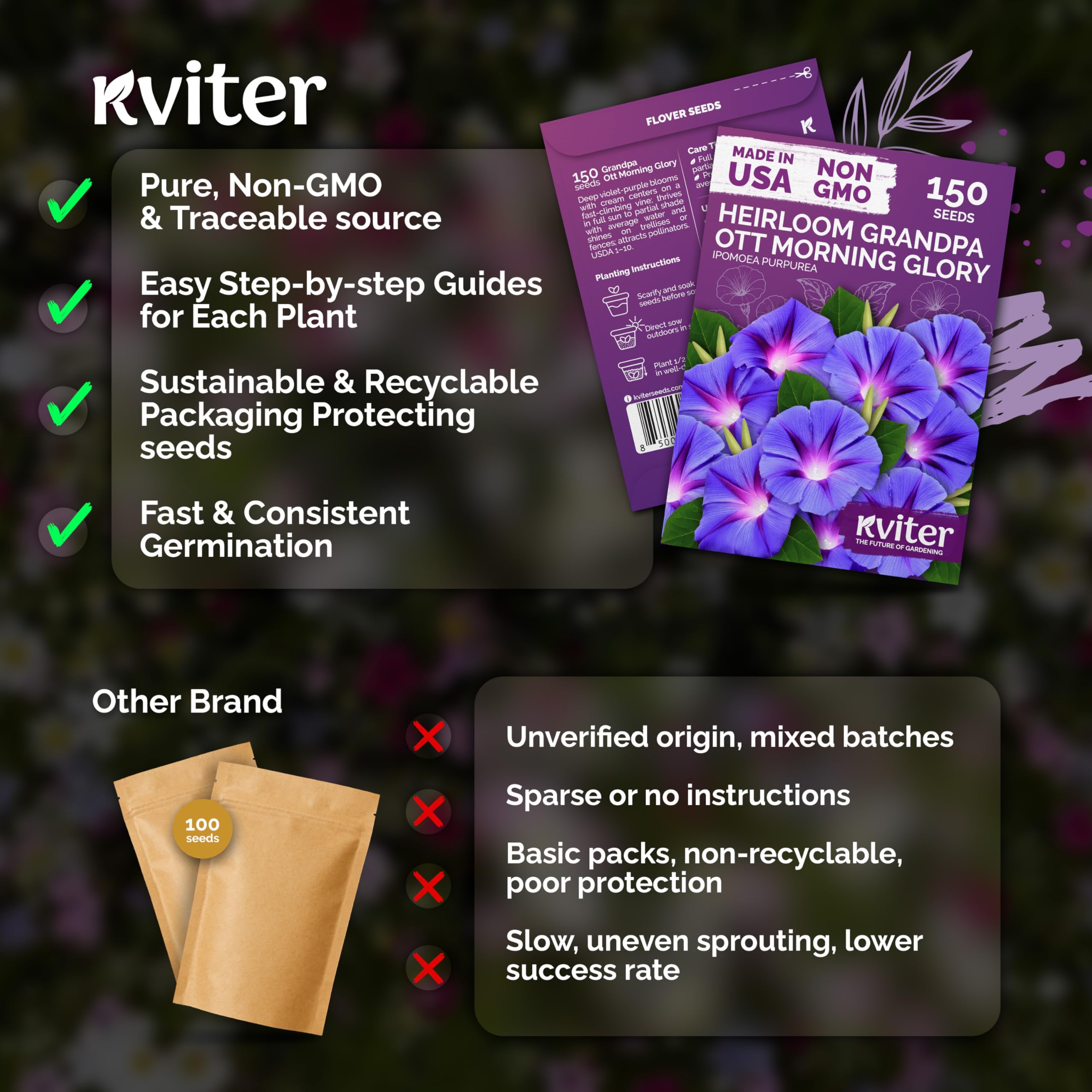 Heirloom quality Grandpa OTT Morning Glory seeds with packaging