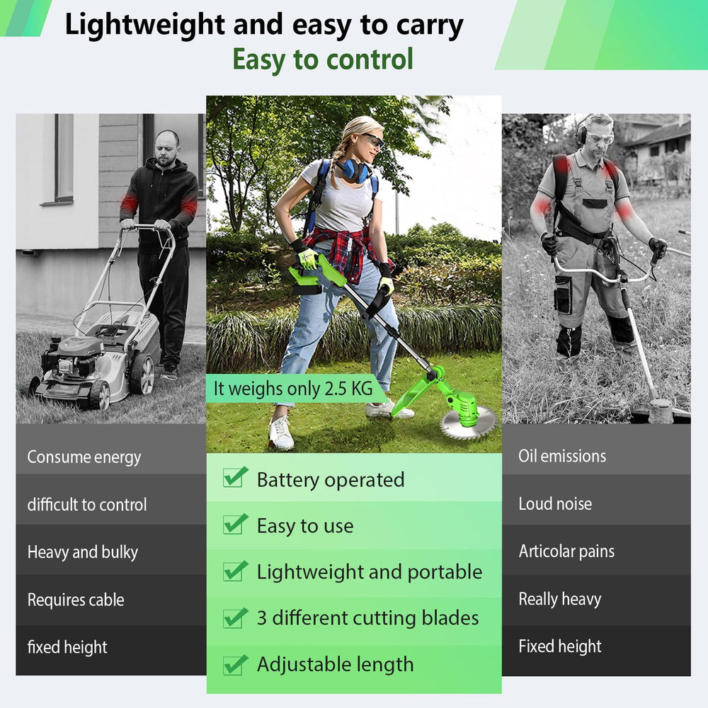 Hejunry Weed Wacker in use trimming grass in a garden